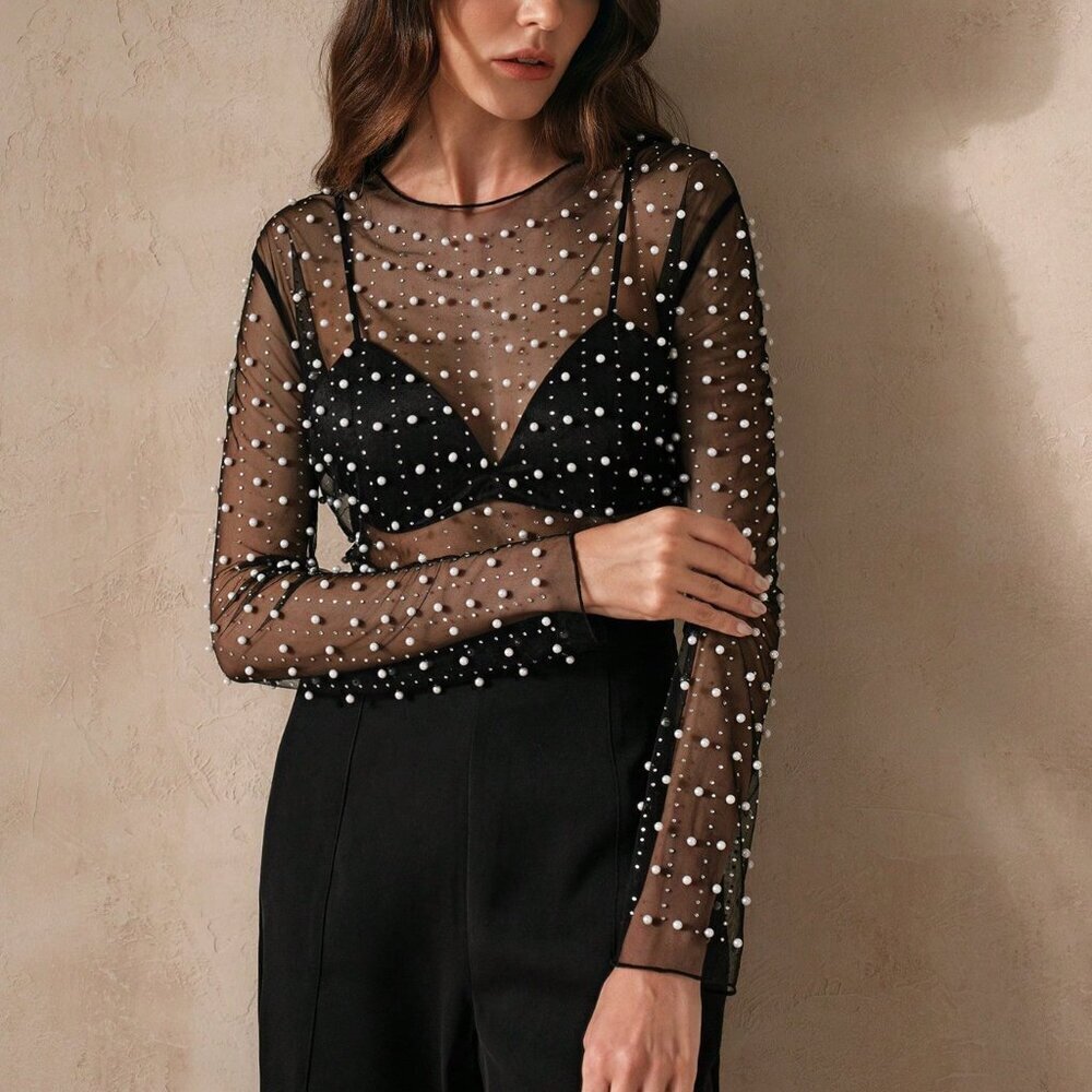 Black Sexy Women's Sheer Mesh Long Sleeve Summer Top - Picture 5 of 7
